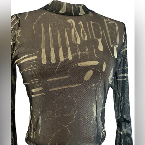 Hot Topic Surgery Tools Black Mesh Mock Neck Retro Sheer Flare Sleeve Crop Top M - Picture 4 of 7